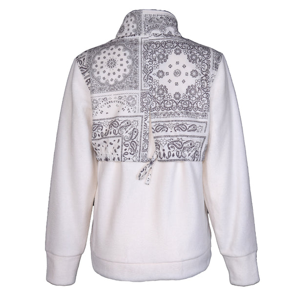 white pullover with black and white bandana pattern on upper back, collar, and shoulders