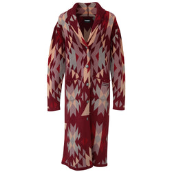 front view of burgundy, cream, blue aztec pattern kimono duster