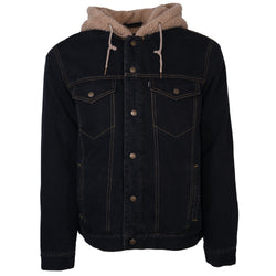 front of the dark wash button down denim jacket with fleece hood