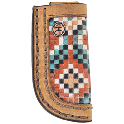 front of orange, white, blue, white Aztec patter knife sheath