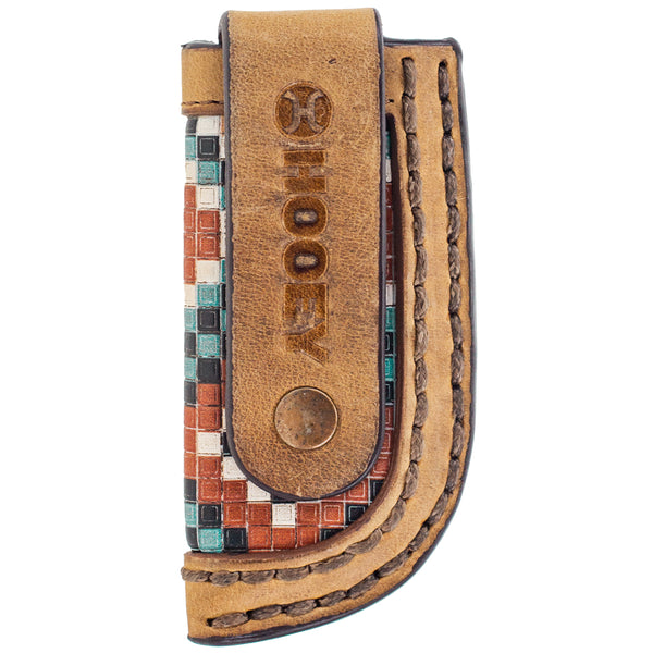 back of orange, blue, white, black Aztec patter knife sheath with button hook