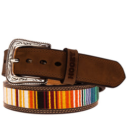 front of yellow, maroon, blue, white, serape pattern belt with silver buckle