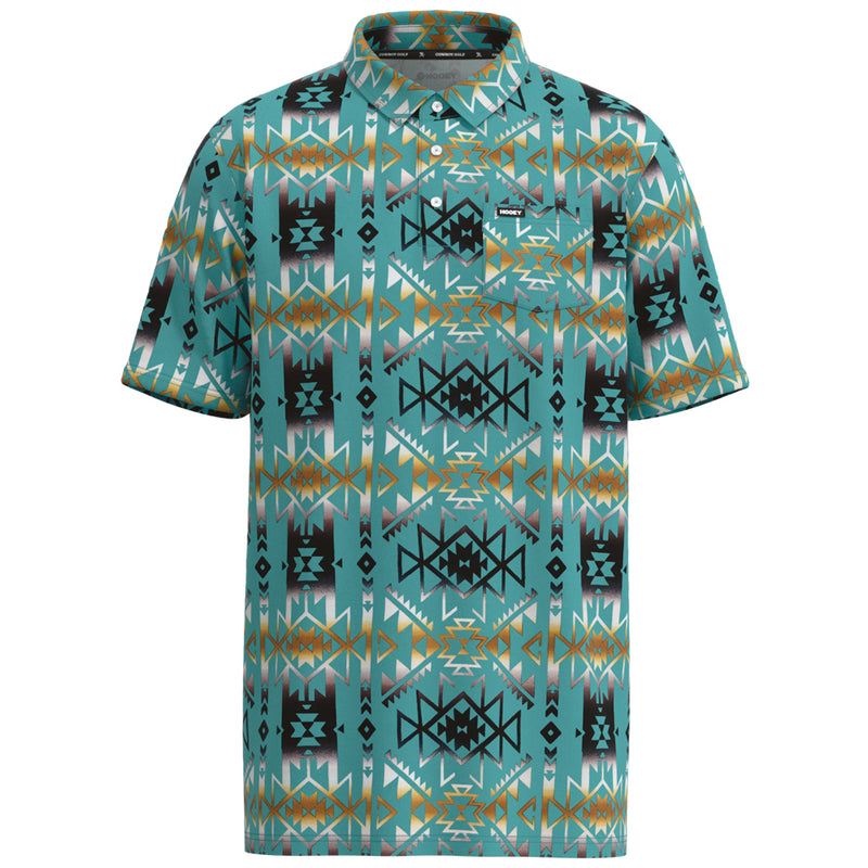 Turquoise, hooey, golf polo with black, white, gold Aztec pattern