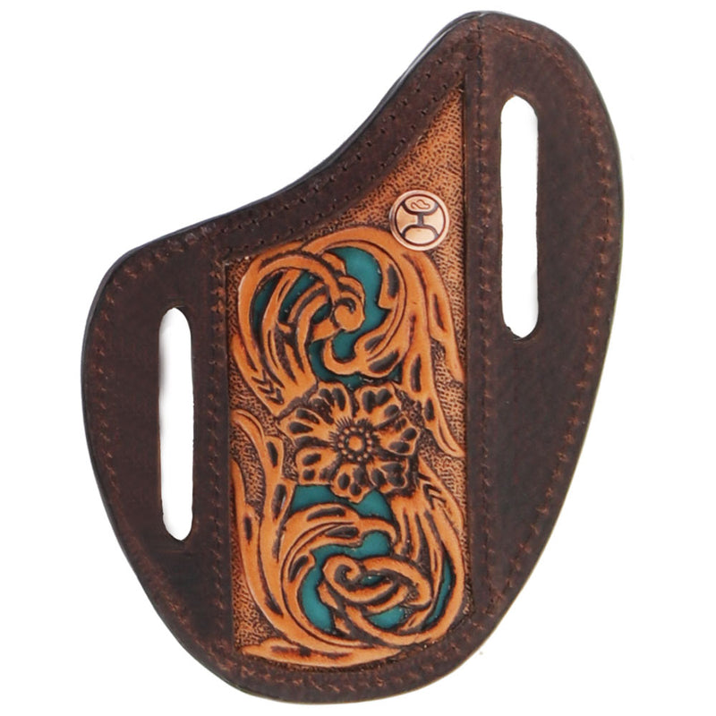 dark brown lather with light tan and turquoise tooled leather knife sheath