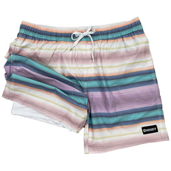 blue, purple, orange, and white serape print board shorts with folded leg