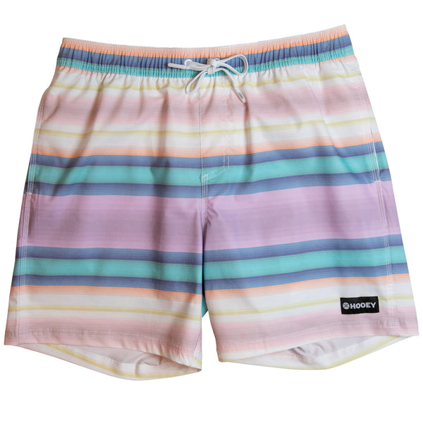 purple, blue, orange, and white serape pattern board shorts