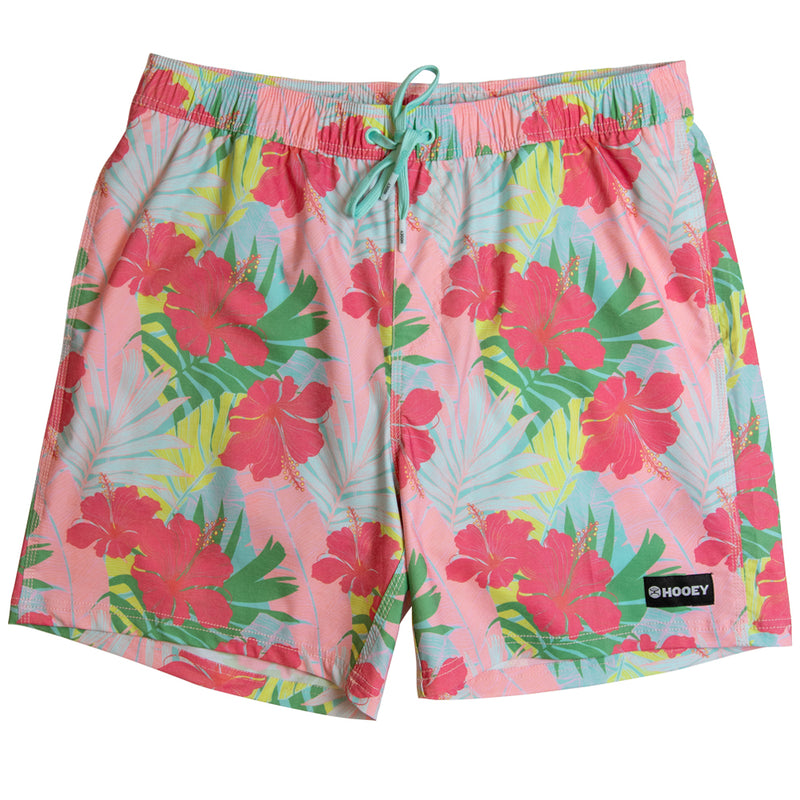 pink, red, green, blue, yellow Hawaiian print board shorts