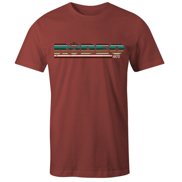 Rodeo tee in crimson with serape logo