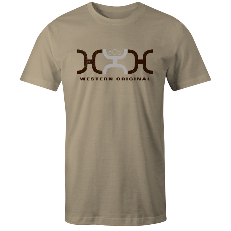 Loop tee in tan with brown and white logo block