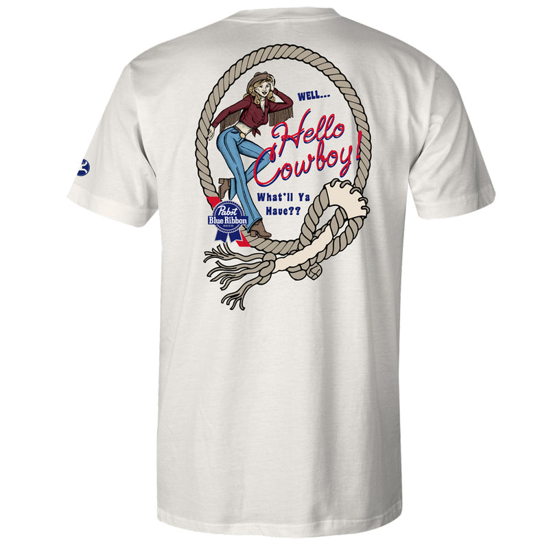 Pabst Blue Ribbon cream tee with Hello Cowboy original artwork