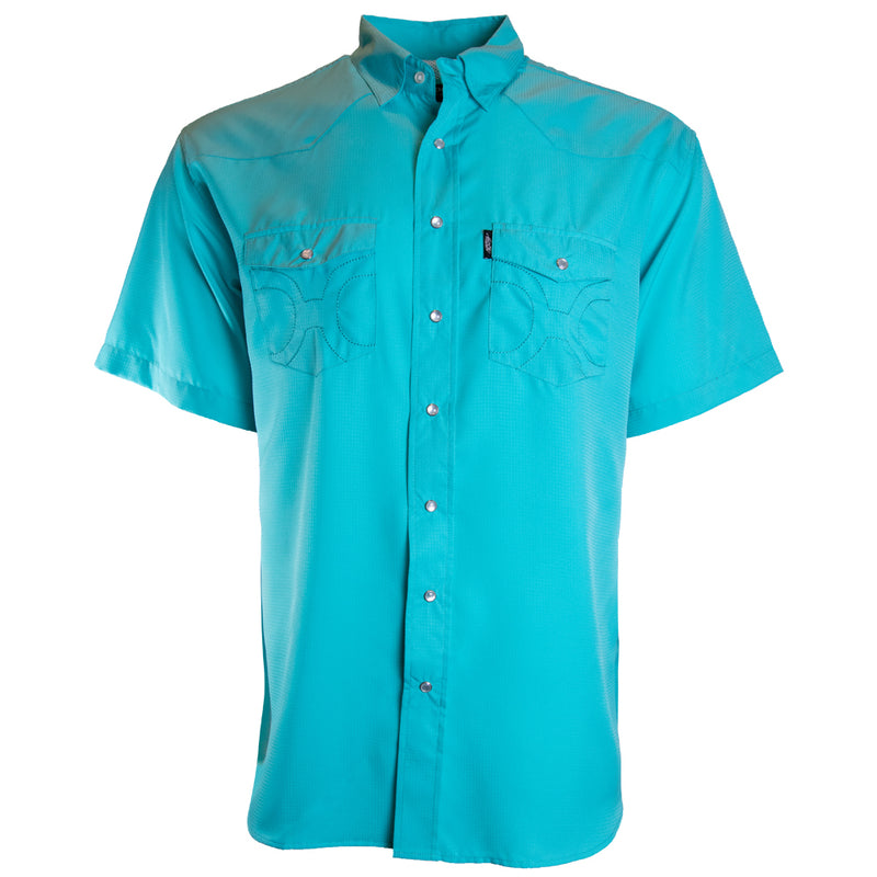 the front of the light blue, short sleeve, SOL shirt