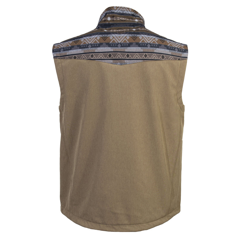 back view of tan vest with grey and brown aztec pattern on shoulders and collar