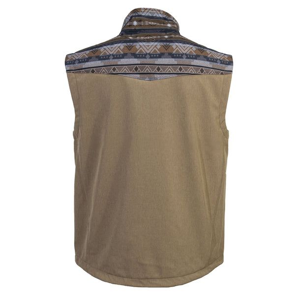 tan vest with brown and grey multi pattern on collar