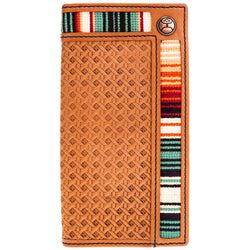 front of hooey tooled leather bi-fold wallet with sun set serape fabric lining