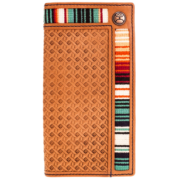 front of hooey tooled leather bi-fold wallet with sun set serape fabric lining