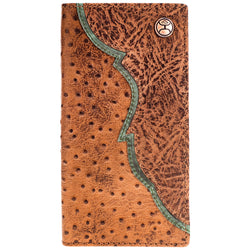 distressed leather, tan with turquoise detail, Hooey logo pin, bi-fold wallet