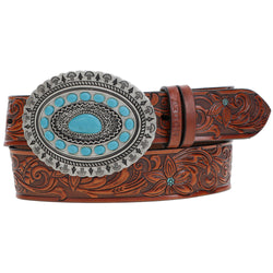 "Medina" Classic Hooey Ladies Belt Brown/Turquoise w/Turquoise Rodeo Buckle