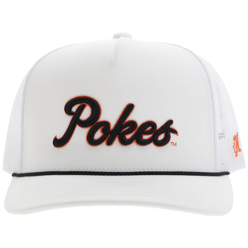 front of OSU x Hooey white hat with black rope detail and embroidered Pokes patch