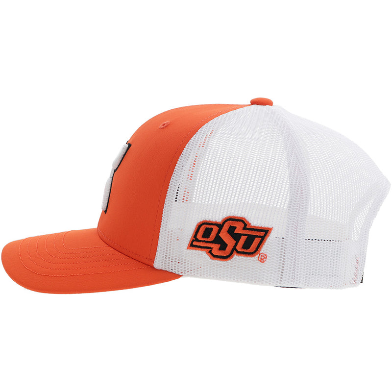 left side of OSU x Hooey orange and white hat with OSU orange logo patch 