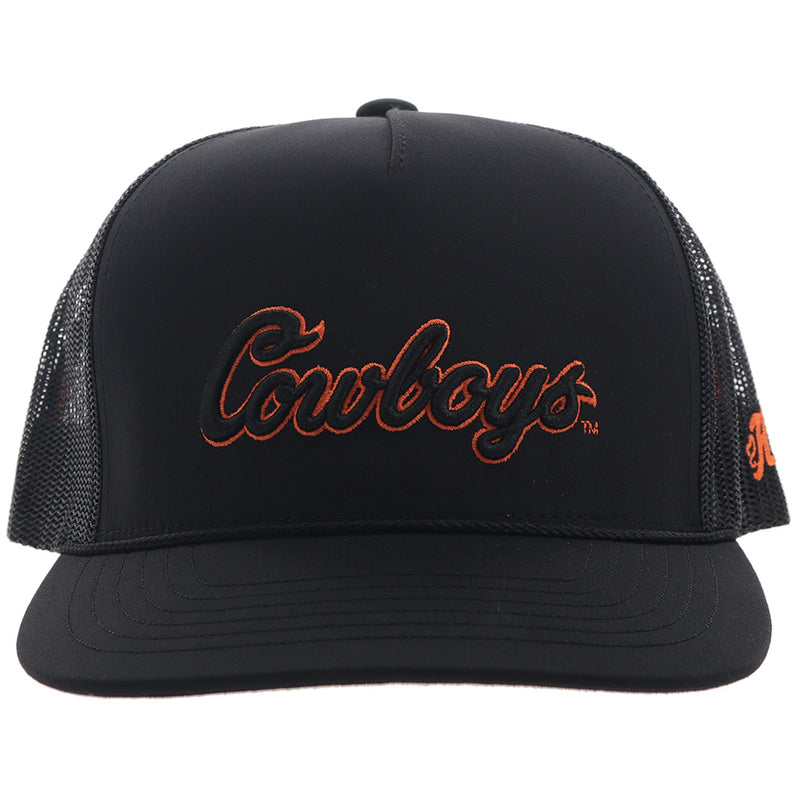 front of OSU x Hooey solid black hat with orange and black embroidered Cowboys patch