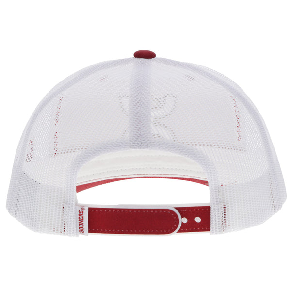 back of the red and white OU x Hooey hat with white mesh and red and white snap bands