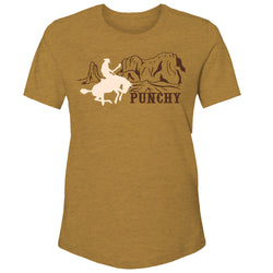 Punchy Desperado in heather mustard with brown and cream artwork