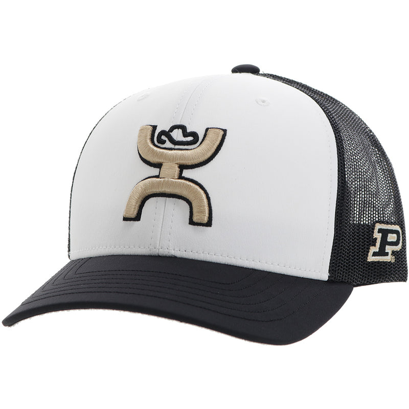 black and white Purdue x Hooey ha with gold Hooey logo