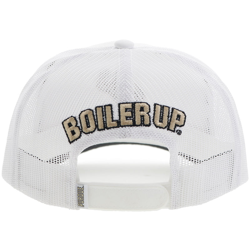 back of white Hooey x Purdue hat with "Boiler Up" logo patch