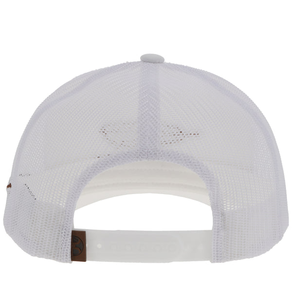 back of white on white Resistol x Hooey hat with white mesh and snap bands