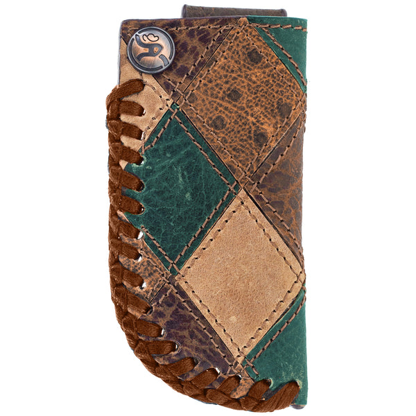 patch work denim, natural leather, dark leather knife sheath