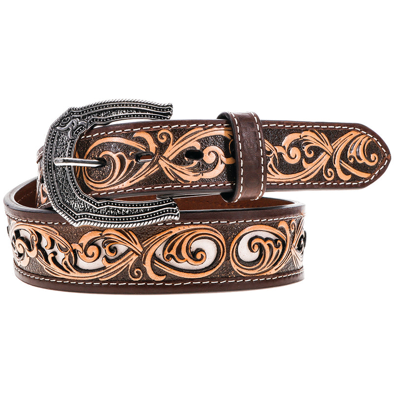 dark brown, light tan, and white leather work belt