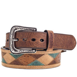 diamond pattern belth with denim, natural, and dark pattern and silver buckle