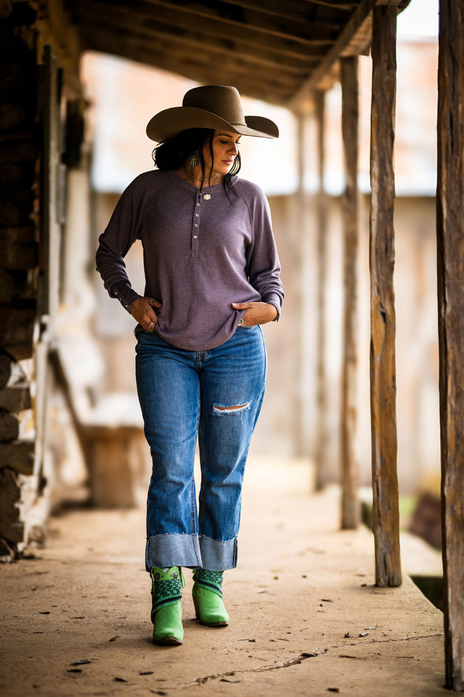 "Ladies Henley" Light Purple w/Lace Detailing Long Sleeve Thermal Shirt