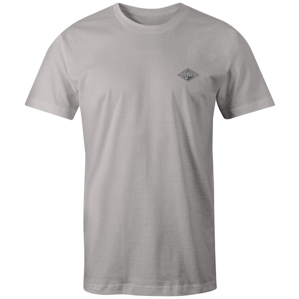 grey tee with small, black Habitat logo on the collar