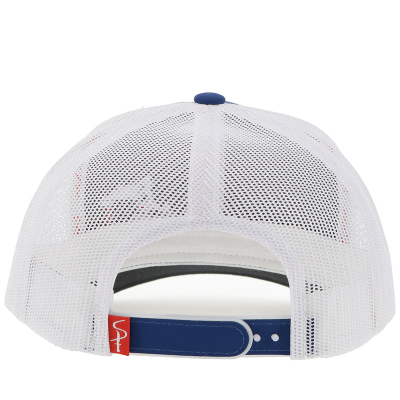 back of white and blue hat with white mesh and blue snap bads