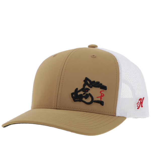 front profile of tan and white hat with white meh, tan front panel and bill and black and red hog head embossed patch