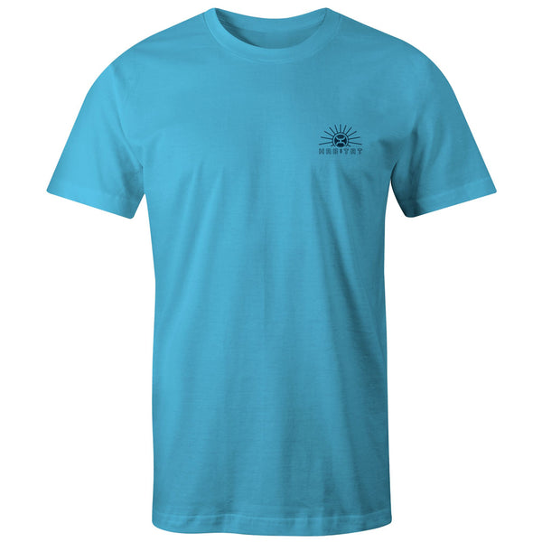 blue tee with black sun rise Habitat logo on the collar