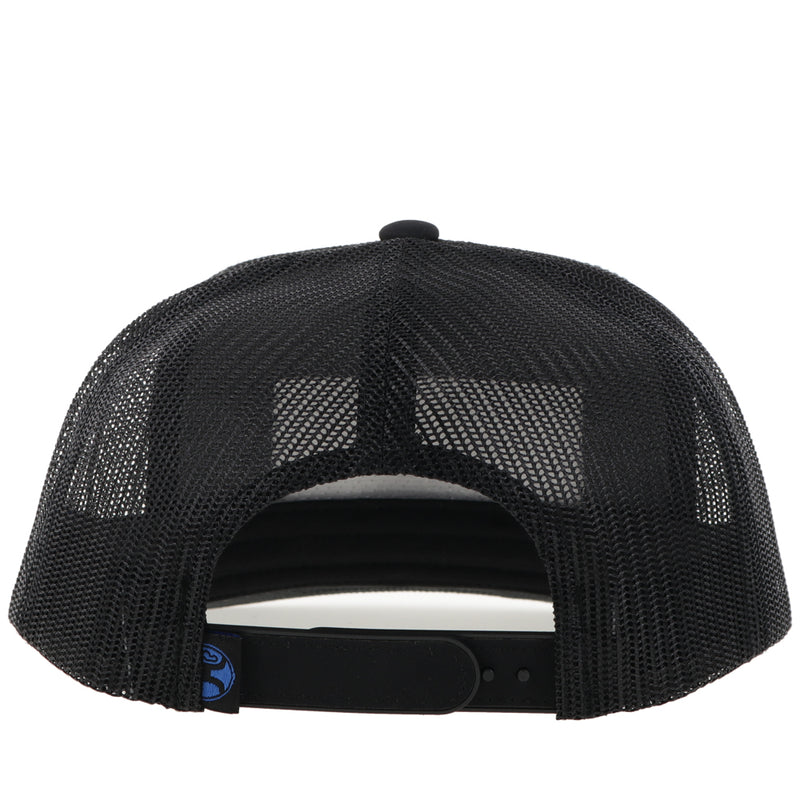 back of black on black Wright Wester hat with black mesh and black snap bands