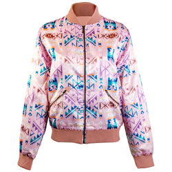 pink bomber jacket with purple, blue, orange, and white Aztec pattern