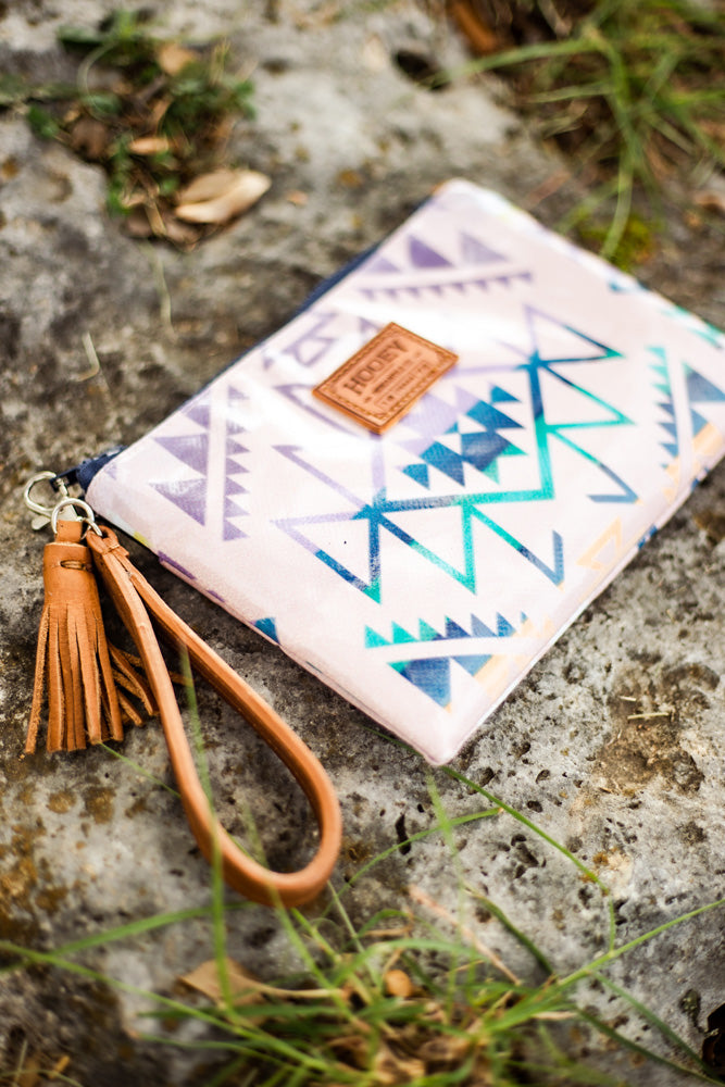 Pink and blue aztec pattern wristlet