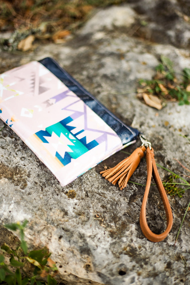 Pink and blue aztec pattern wristlet