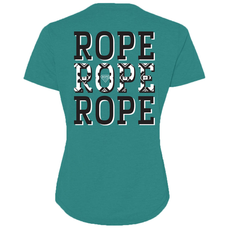 the back of the turquoise t-shirt with "Rope, Rope, Rope" in black and white