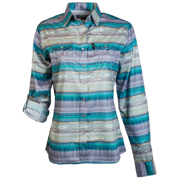 front of purple, silver, blue multi pattern sol shirt with long sleeves