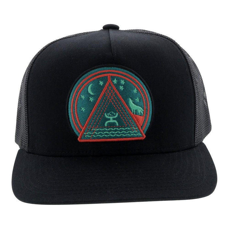 front of the hooey music black hat with green, teal, and red patch