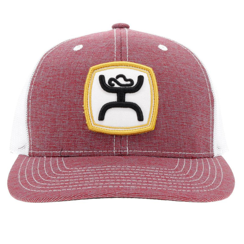 front of the Zenith burgundy and white hat with yellow, black, and white patch