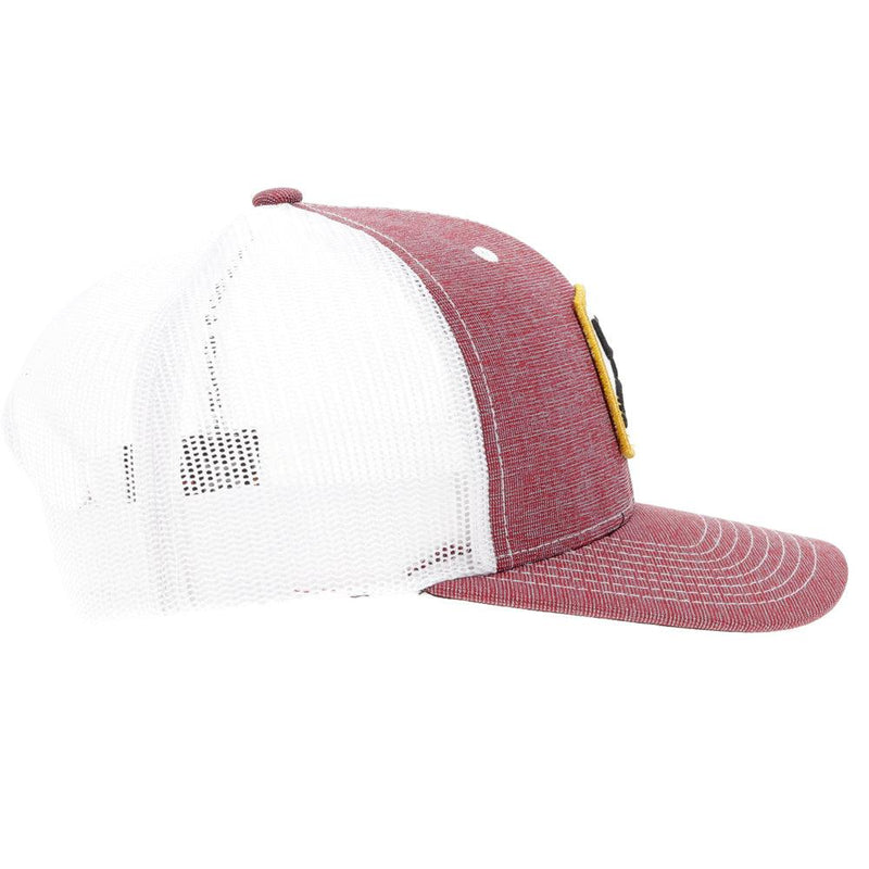 right side of the Zenith burgundy and white hat with yellow, black, and white patch