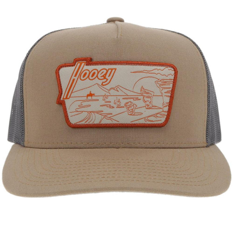 front of the Davis tan and grey hat with orange and white patch