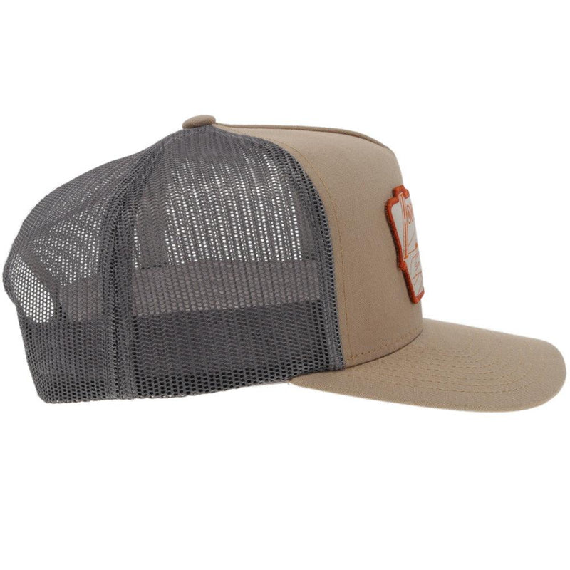 right side of the Davis tan and grey hat with orange and white patch