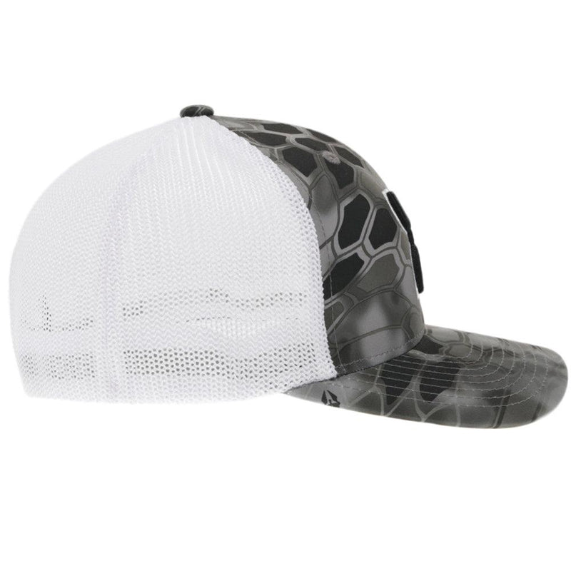 right side of the "Bass" black, white, and grey hat with black and white hooey logo