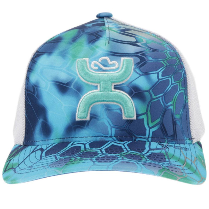 front of the "Bass" blue and white scale hat with teal Hooey logo